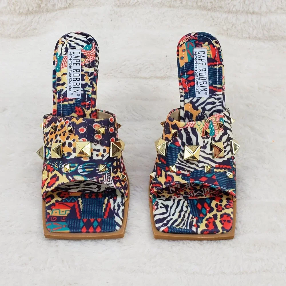 Popo Slip On Sqaure Open Toe High Heels Clogs Mules Slides  multi Color Print - Picture 6 of 9